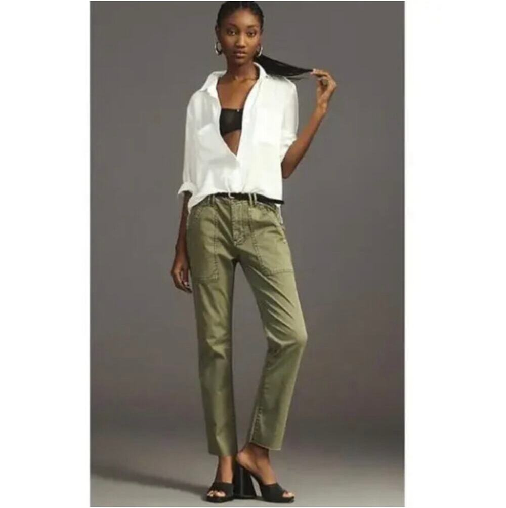 Anthropologie Pilcro Pants Womens 28 Green Slim Straight Utility Raw Hem Cotton